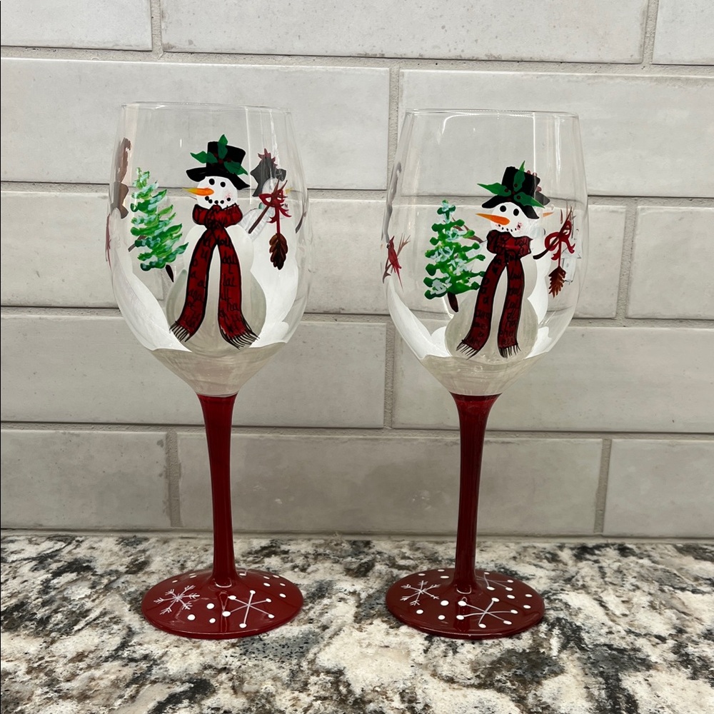 NEW Pair of Pier 1 Hand-Painted Snowman Wine Glasses - Red, Green, White